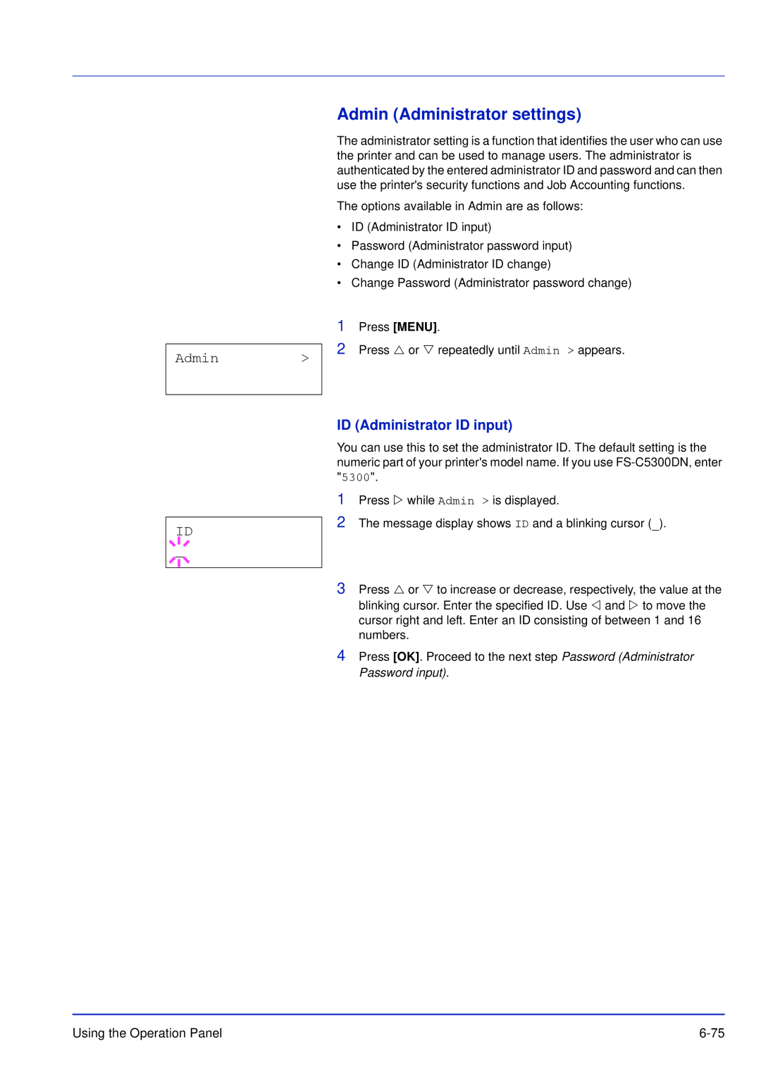 Kyocera FS-C5200DN, FS-C5300DN, FS-C5100DN manual Admin Administrator settings 