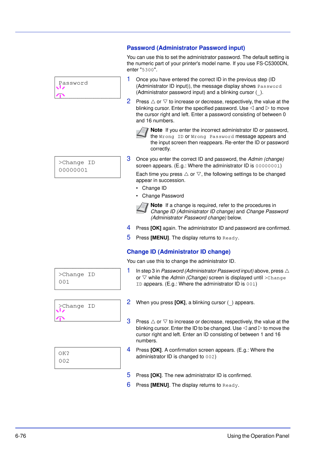 Kyocera FS-C5100DN, FS-C5300DN, FS-C5200DN manual Password Change ID, 002, Change ID Administrator ID change 