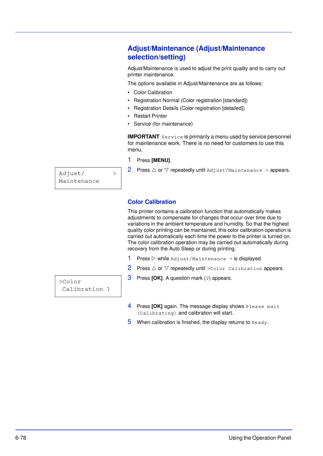 Kyocera FS-C5200DN manual Adjust/Maintenance Adjust/Maintenance selection/setting, Adjust/ Maintenance, Color Calibration ? 