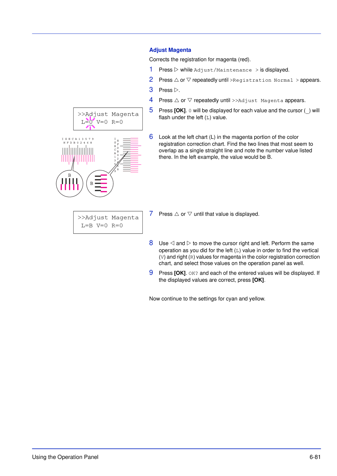 Kyocera FS-C5200DN Adjust Magenta L=0 V=0 R=0, Adjust Magenta L=B V=0 R=0, Press U or V until that value is displayed 