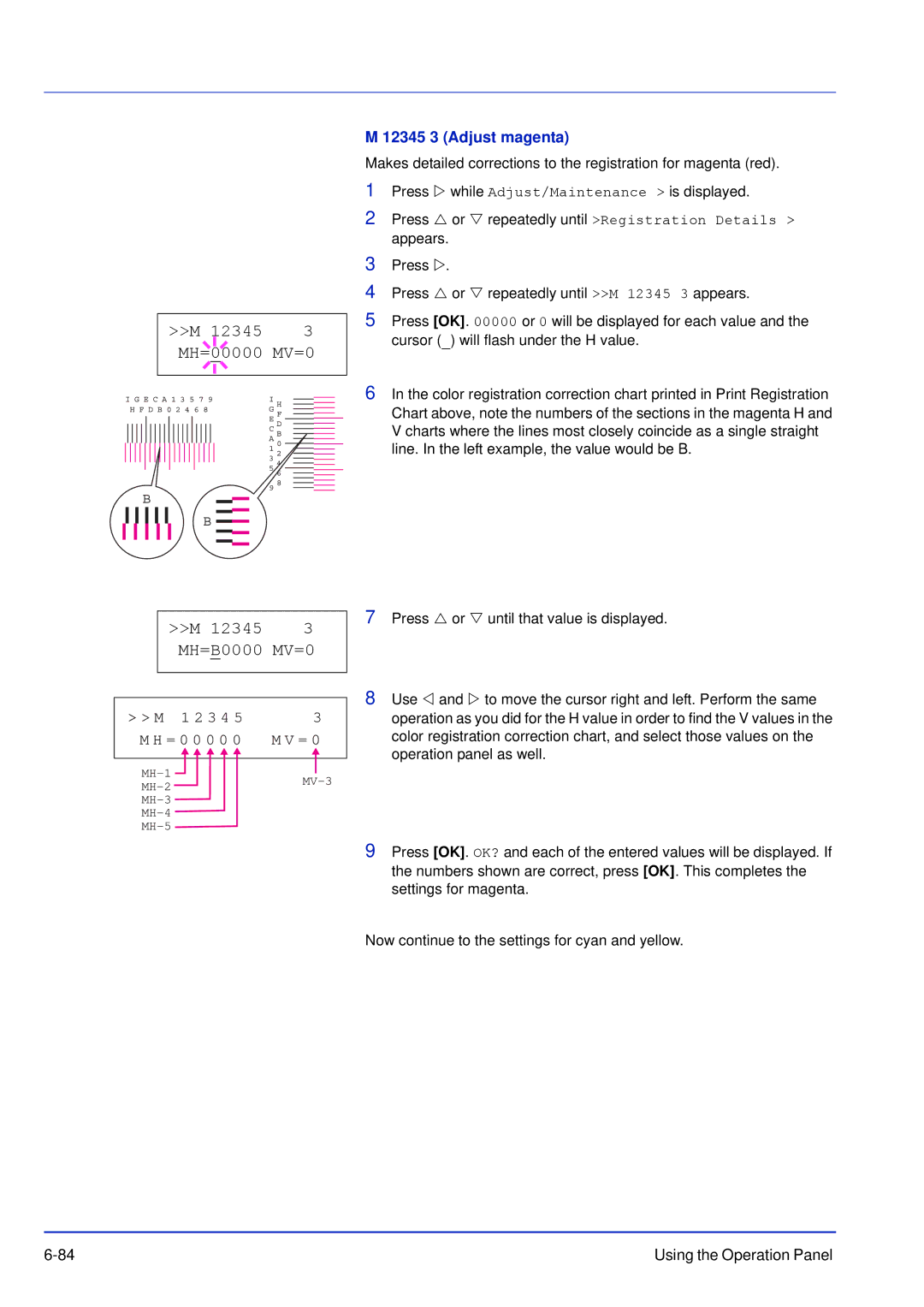 Kyocera FS-C5200DN, FS-C5300DN, FS-C5100DN manual 12345 MV=0 MH=00000, 12345 MH=B0000 MV=0, 12345 3 Adjust magenta 