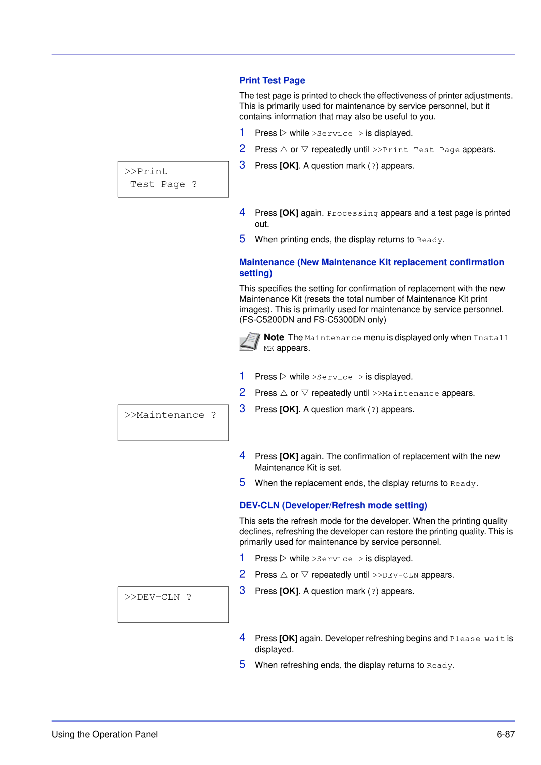 Kyocera FS-C5200DN, FS-C5300DN, FS-C5100DN manual Print Test Page ? Maintenance ?, DEV-CLN Developer/Refresh mode setting 