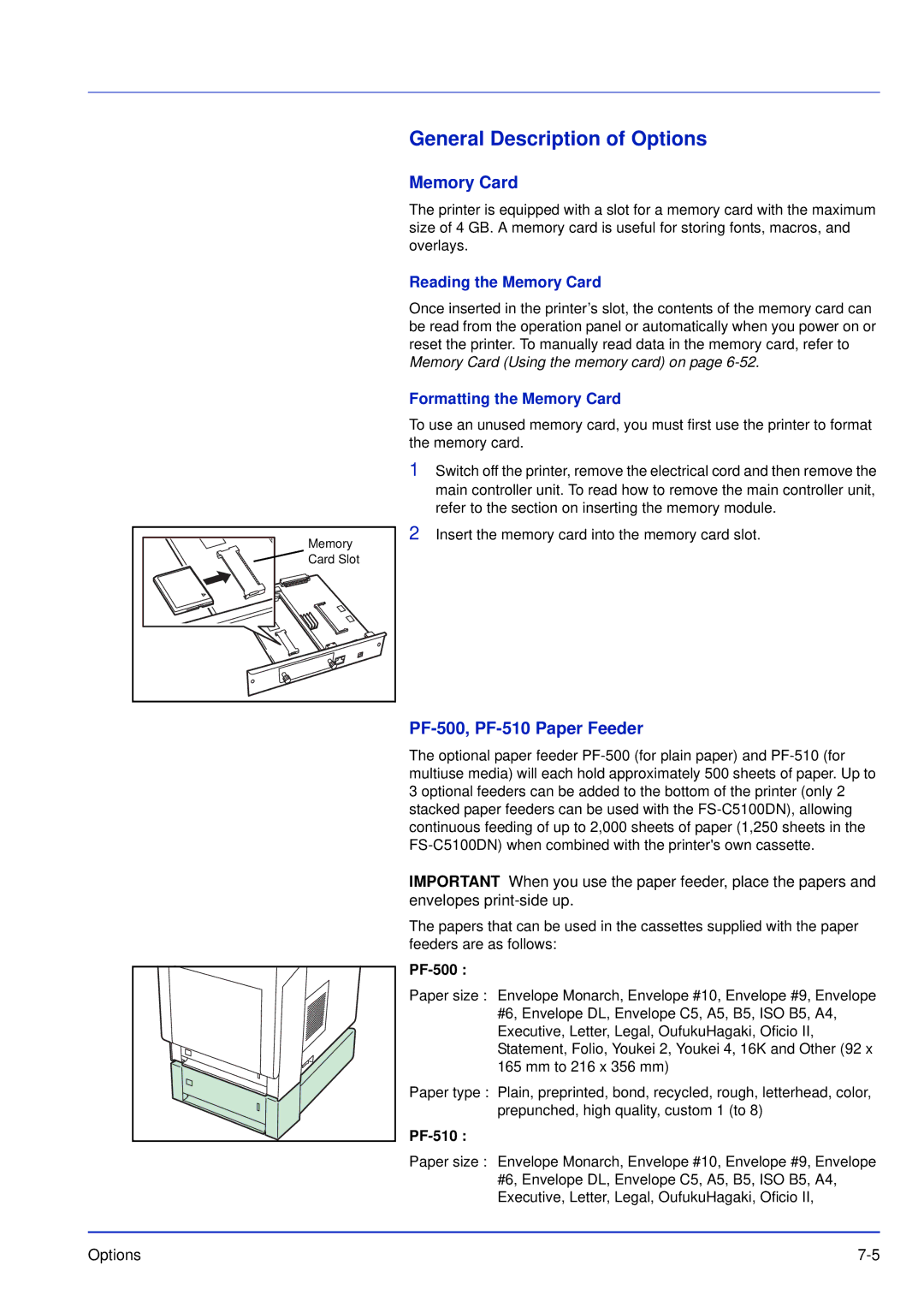 Kyocera FS-C5200DN, FS-C5300DN General Description of Options, PF-500, PF-510 Paper Feeder, Reading the Memory Card 