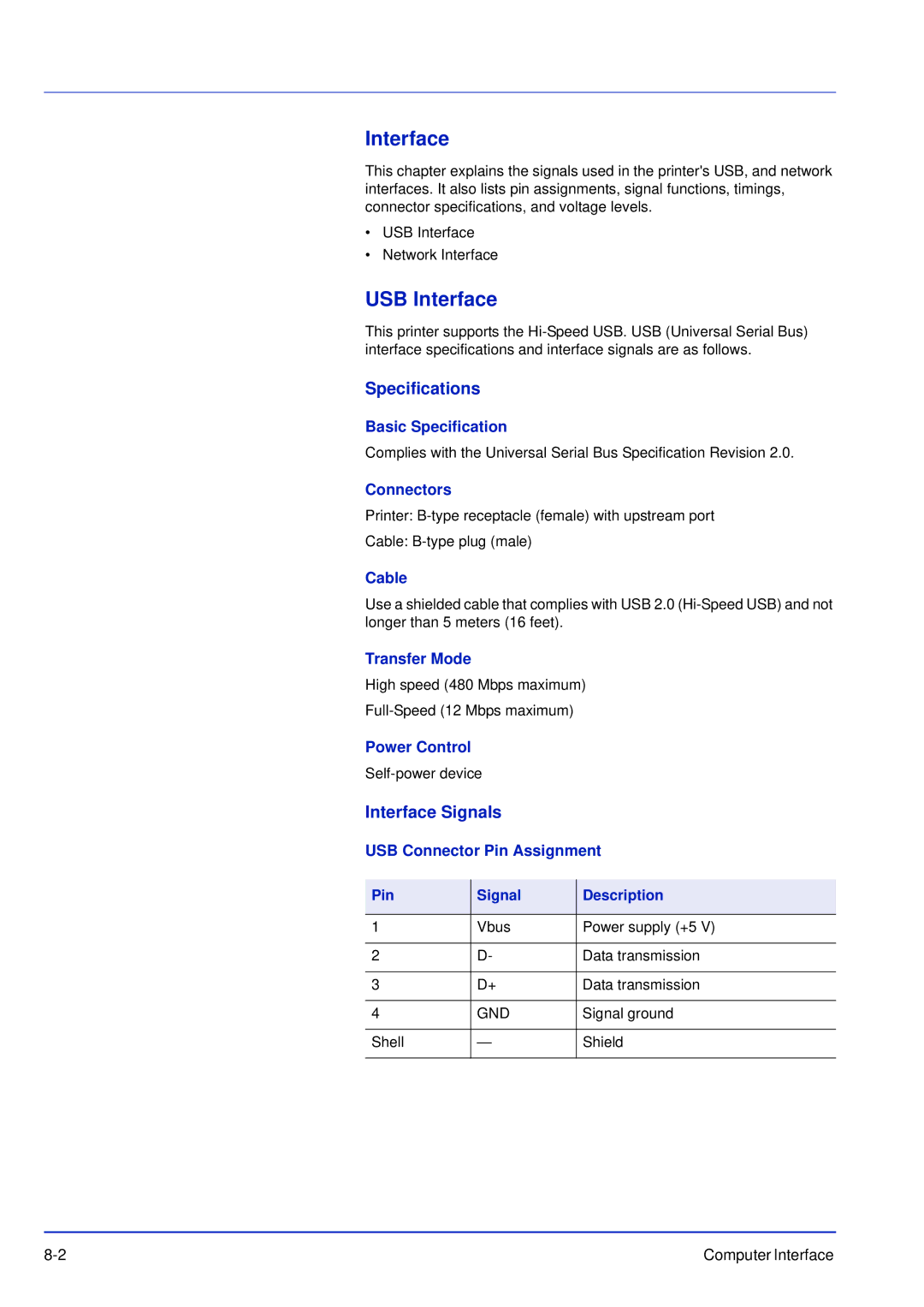 Kyocera FS-C5300DN, FS-C5200DN, FS-C5100DN manual USB Interface, Specifications, Interface Signals 