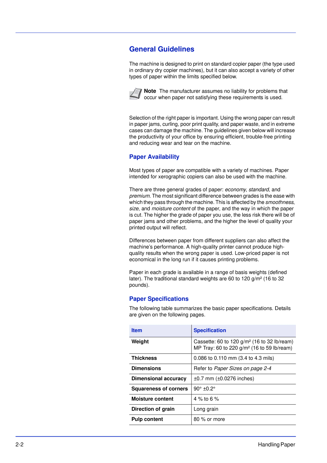 Kyocera FS-C5300DN, FS-C5200DN, FS-C5100DN manual General Guidelines, Paper Availability, Paper Specifications 