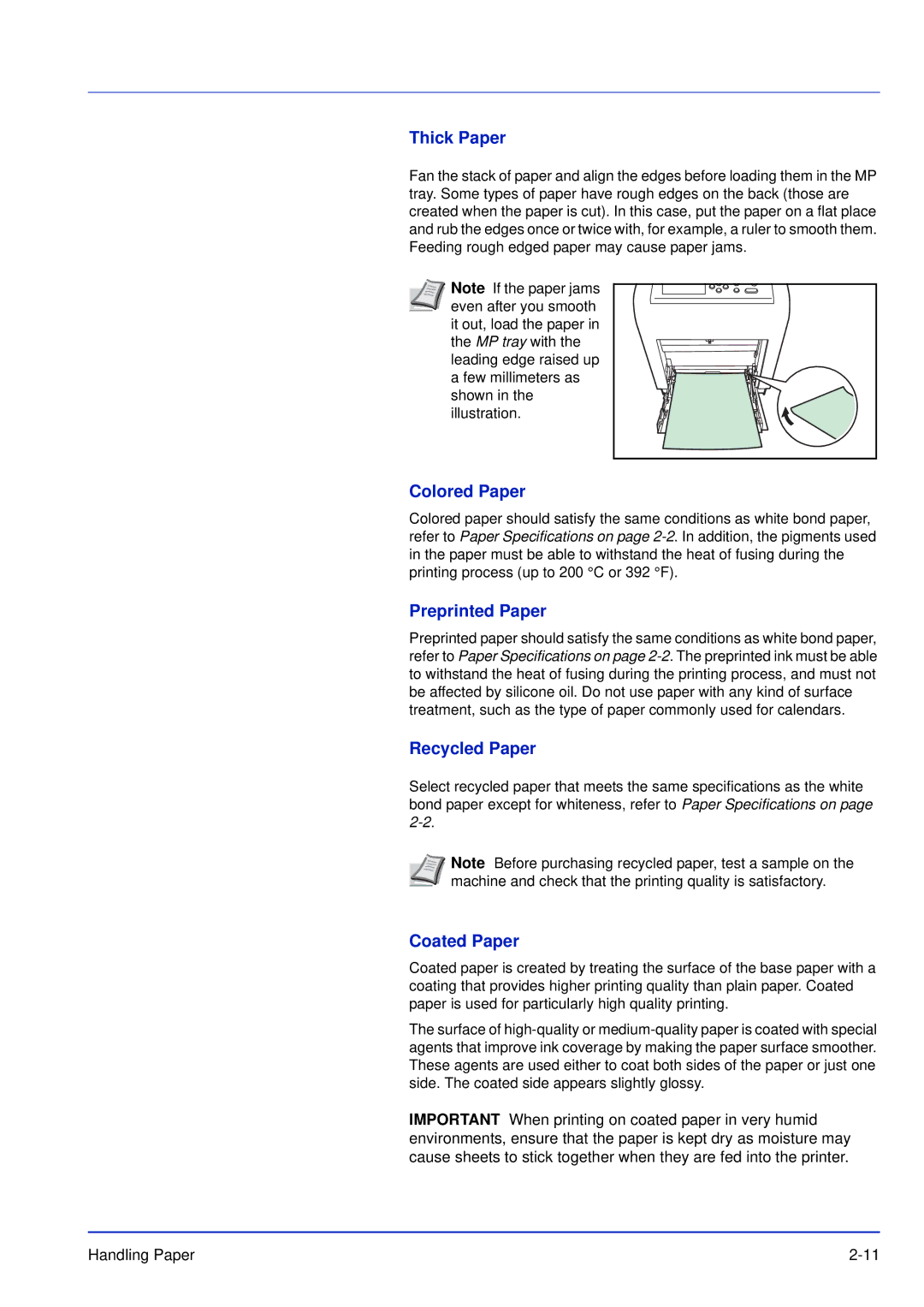 Kyocera FS-C5300DN, FS-C5200DN, FS-C5100DN manual Thick Paper, Colored Paper, Preprinted Paper Recycled Paper, Coated Paper 