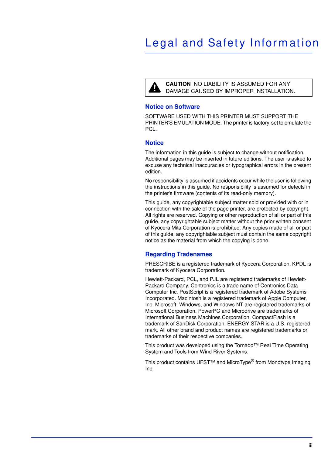 Kyocera FS-C5200DN, FS-C5300DN, FS-C5100DN manual Legal and Safety Information, Regarding Tradenames 