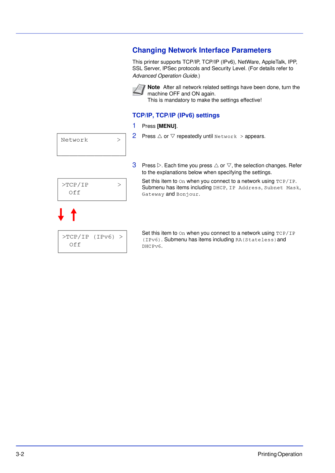 Kyocera FS-C5300DN, FS-C5200DN Changing Network Interface Parameters, Off TCP/IP IPv6 Off, TCP/IP, TCP/IP IPv6 settings 