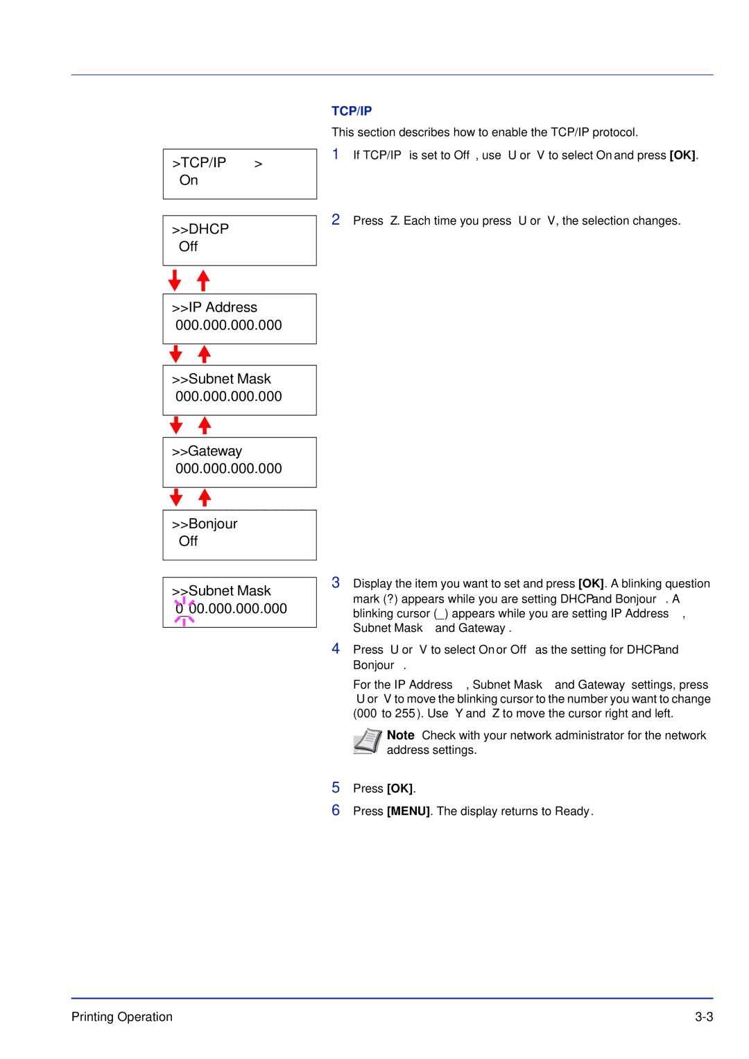 Kyocera FS-C5200DN, FS-C5300DN, FS-C5100DN manual Tcp/Ip, Press U or V to select On or Off as the setting for Dhcp 