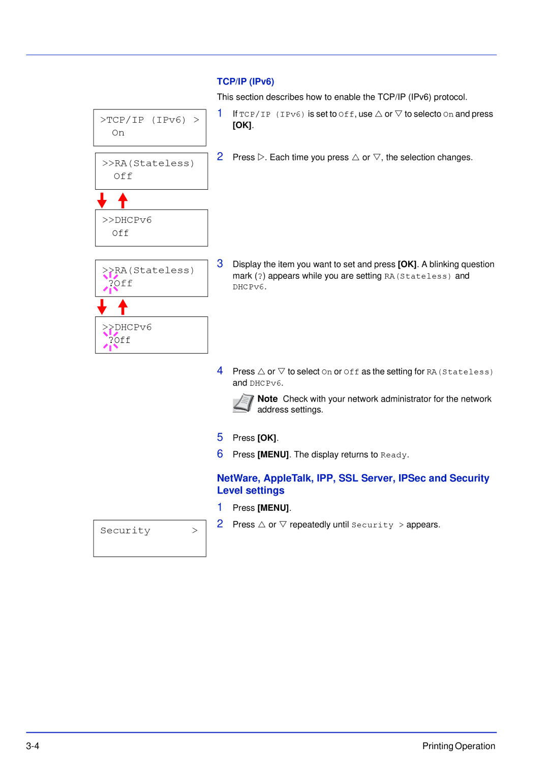 Kyocera FS-C5100DN, FS-C5300DN, FS-C5200DN manual TCP/IP IPv6 On RAStateless Off DHCPv6 Off ?Off Security 