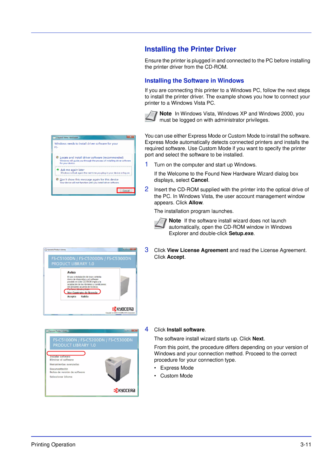 Kyocera FS-C5300DN, FS-C5200DN Installing the Printer Driver, Installing the Software in Windows, Click Install software 