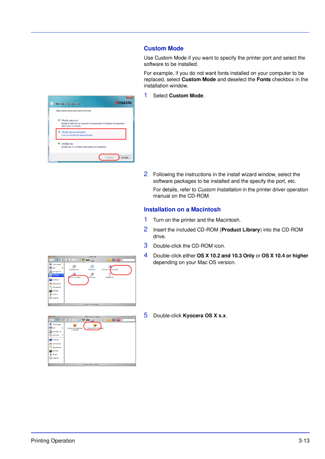 Kyocera FS-C5100DN, FS-C5300DN, FS-C5200DN manual Installation on a Macintosh, Select Custom Mode 