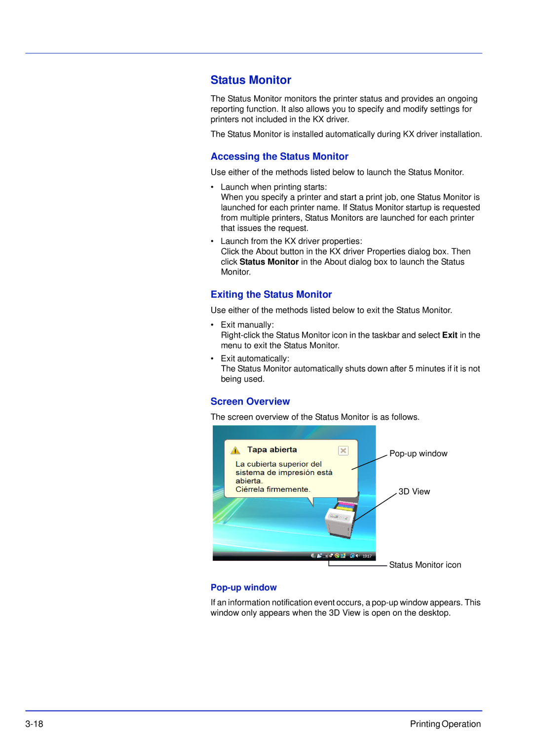 Kyocera FS-C5200DN manual Accessing the Status Monitor, Exiting the Status Monitor, Screen Overview, Pop-up window 