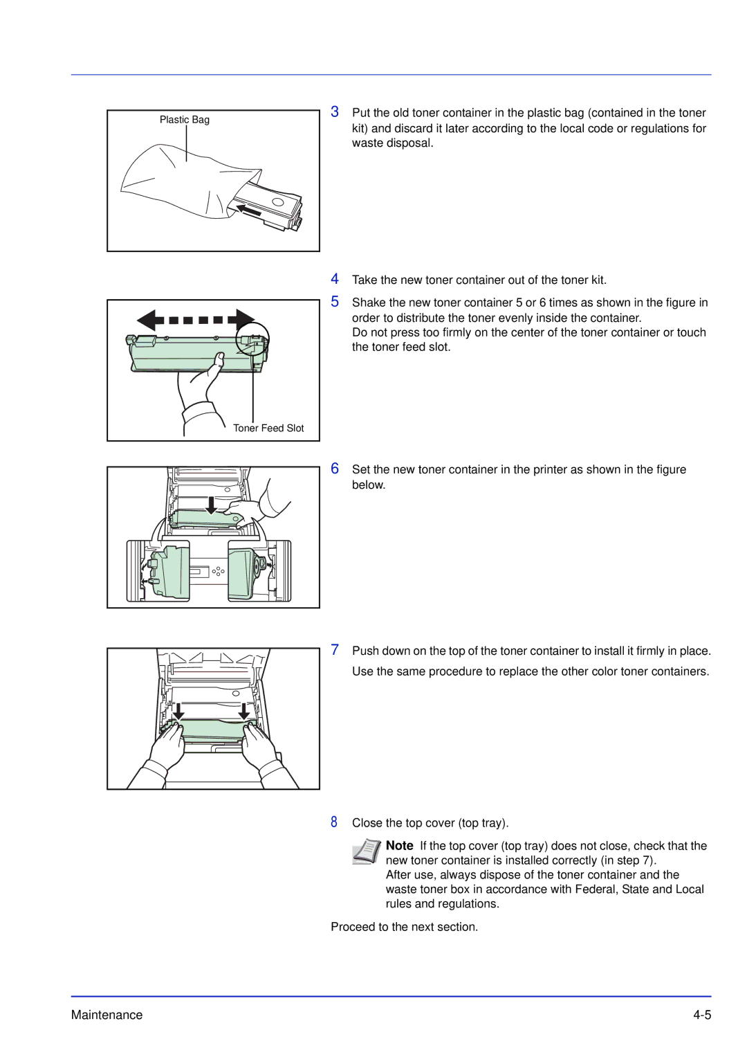 Kyocera FS-C5200DN, FS-C5300DN, FS-C5100DN manual Plastic Bag Toner Feed Slot 