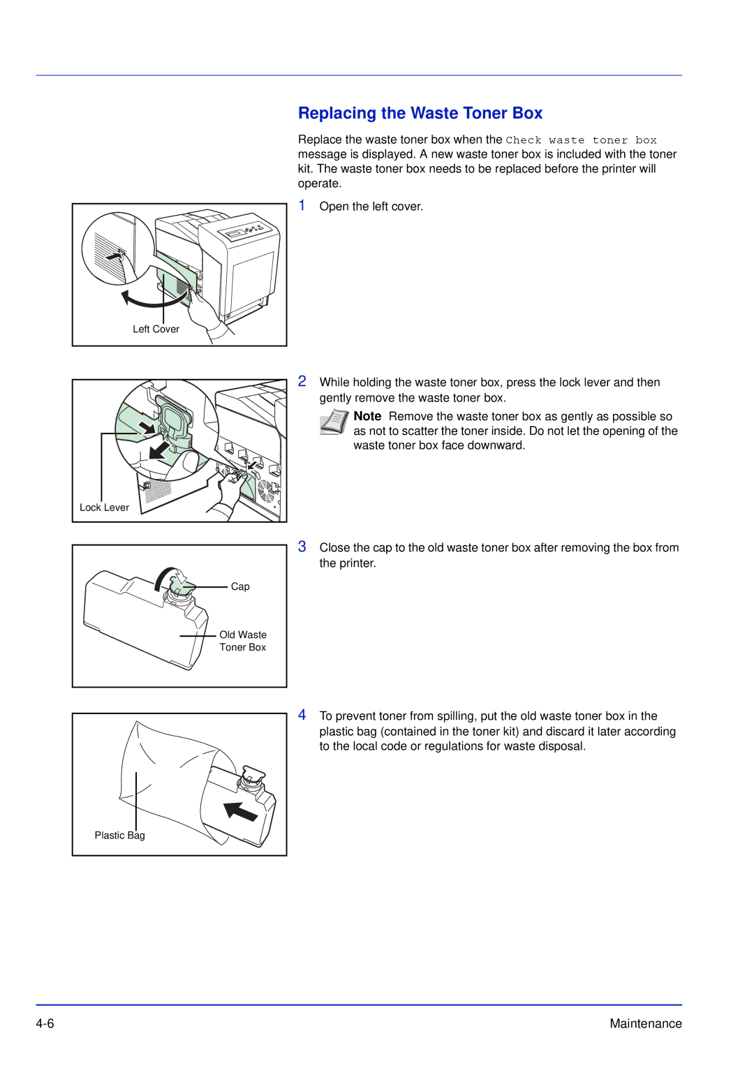 Kyocera FS-C5100DN, FS-C5300DN, FS-C5200DN manual Replacing the Waste Toner Box 