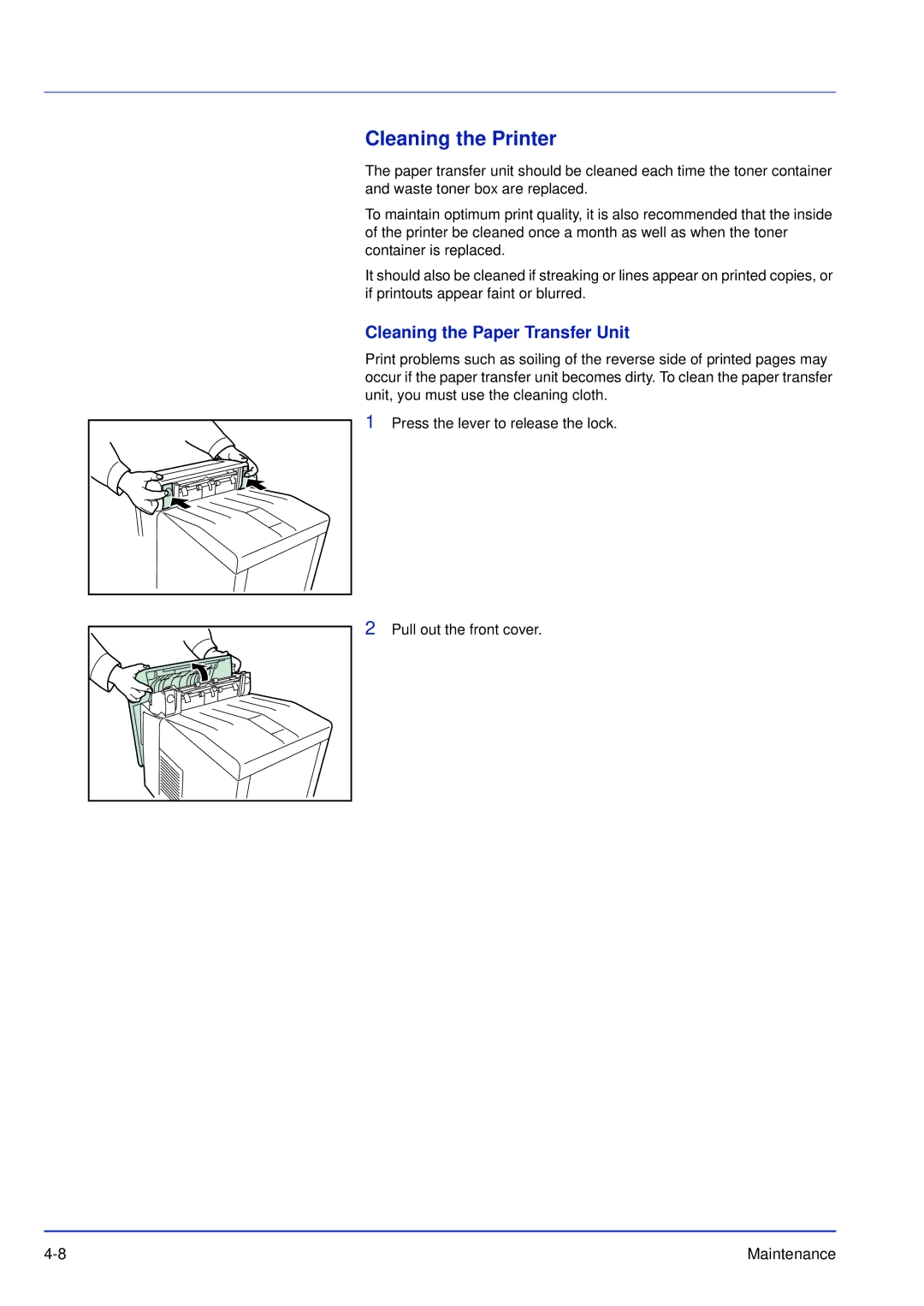 Kyocera FS-C5200DN, FS-C5300DN, FS-C5100DN manual Cleaning the Printer, Cleaning the Paper Transfer Unit 