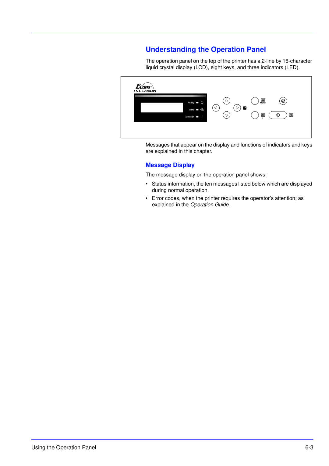 Kyocera FS-C5200DN, FS-C5300DN, FS-C5100DN manual Understanding the Operation Panel, Message Display 