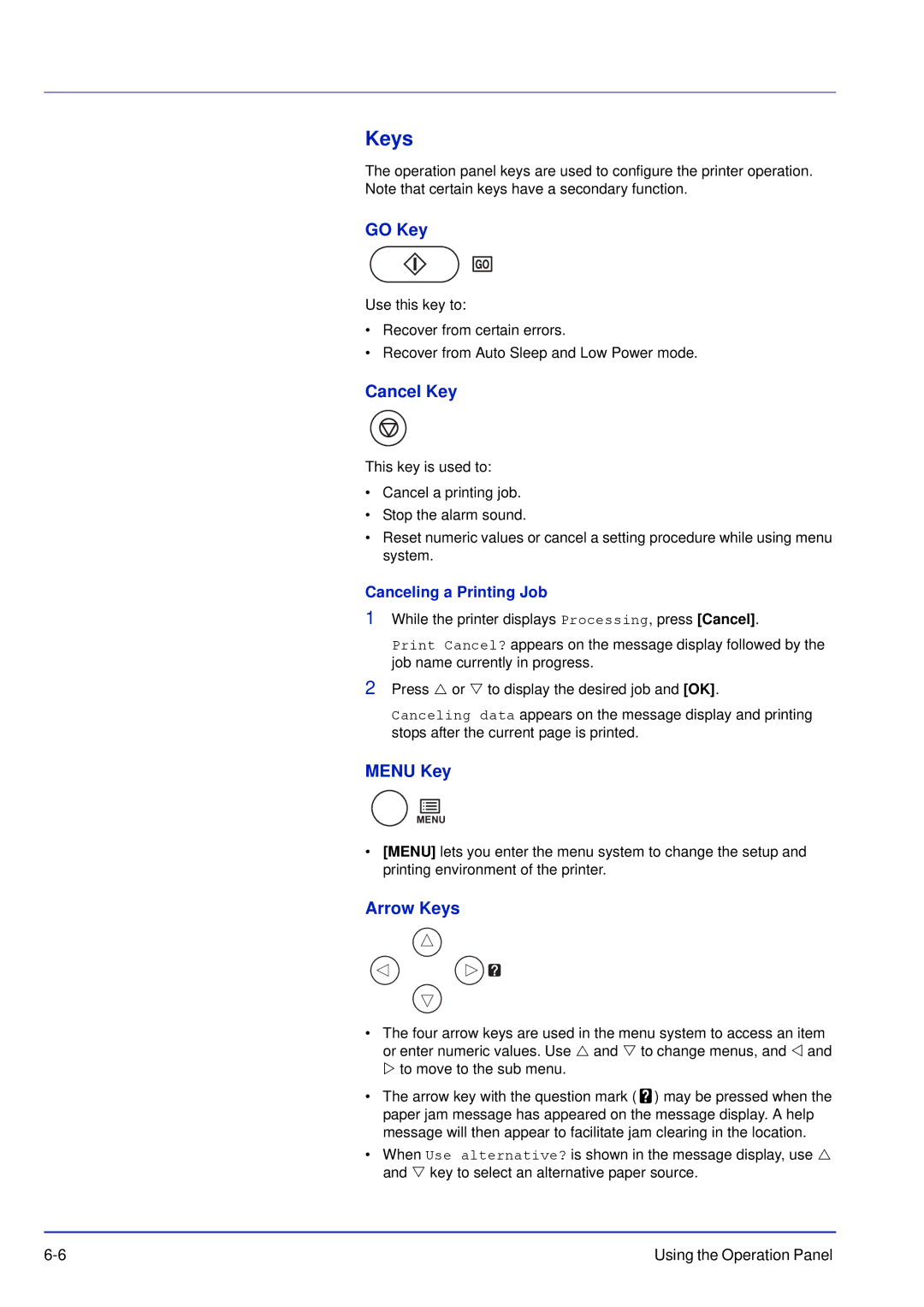 Kyocera FS-C5200DN, FS-C5300DN, FS-C5100DN manual GO Key, Cancel Key, Menu Key, Arrow Keys 