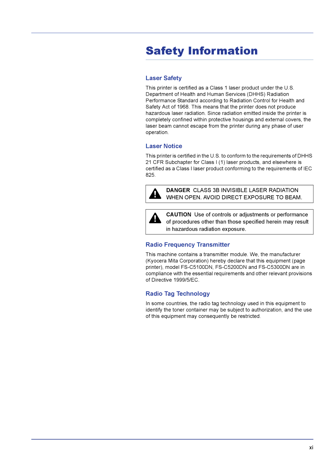 Kyocera FS-C5100DN manual Safety Information, Laser Safety, Laser Notice, Radio Frequency Transmitter, Radio Tag Technology 