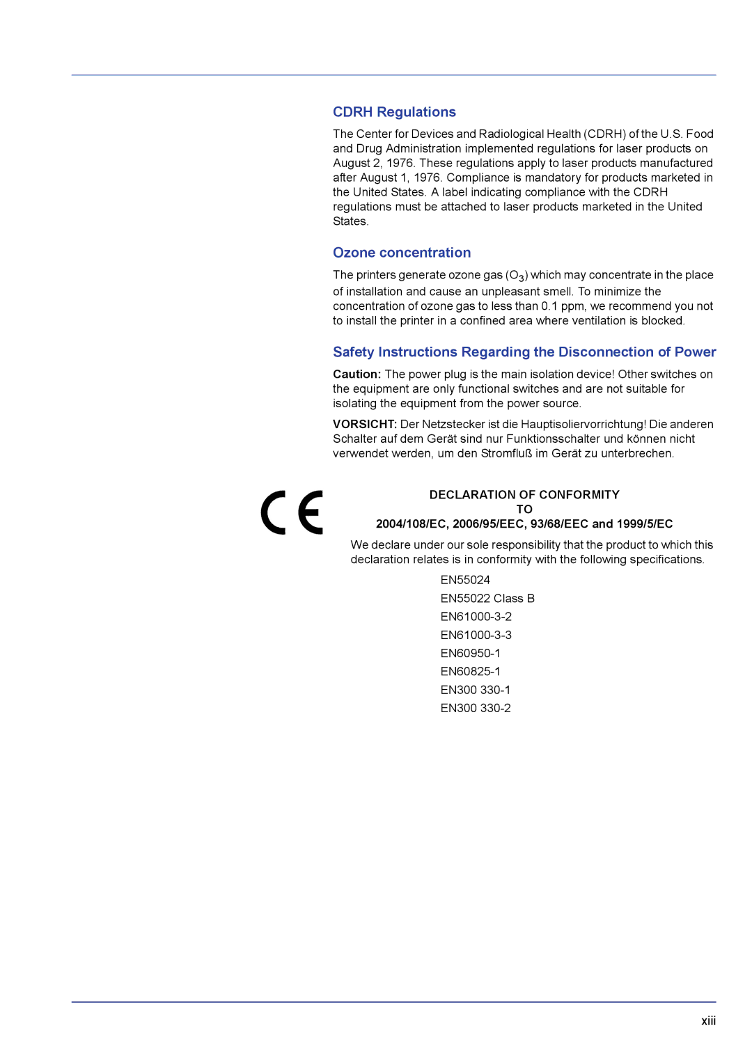 Kyocera FS-C5200DN manual Cdrh Regulations, Ozone concentration, Safety Instructions Regarding the Disconnection of Power 