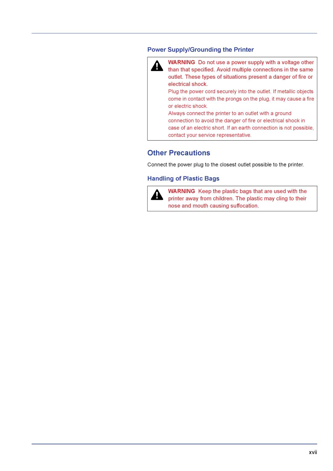 Kyocera FS-C5100DN, FS-C5300DN, FS-C5200DN Other Precautions, Power Supply/Grounding the Printer, Handling of Plastic Bags 