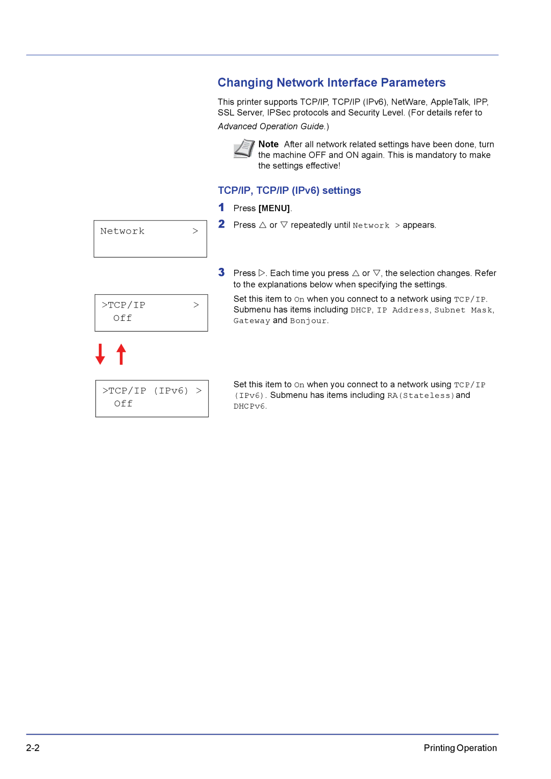 Kyocera FS-C5100DN, FS-C5300DN, FS-C5200DN manual Changing Network Interface Parameters, TCP/IP, TCP/IP IPv6 settings 