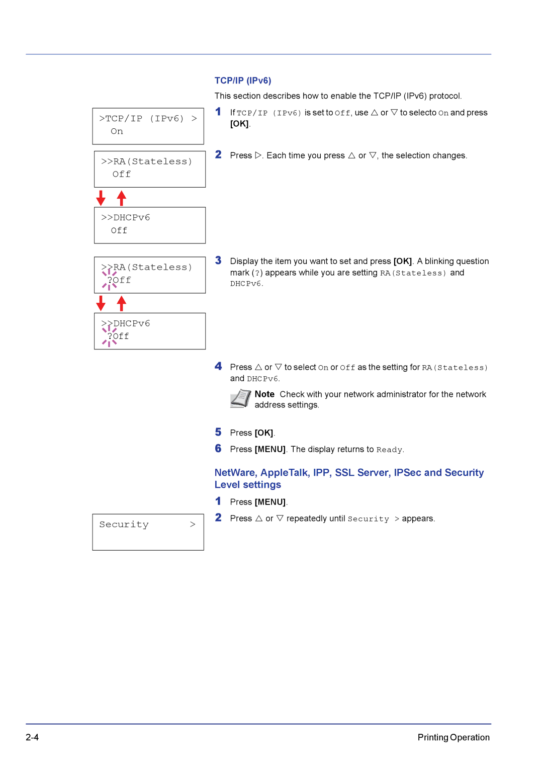 Kyocera FS-C5200DN, FS-C5300DN, FS-C5100DN manual TCP/IP IPv6 On RAStateless Off DHCPv6 Off ?Off Security 