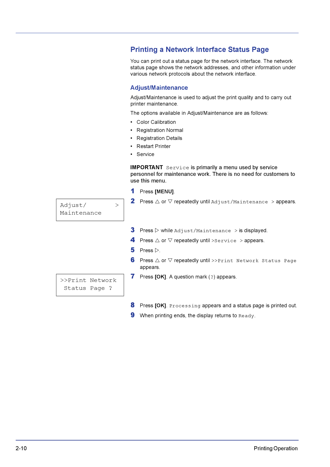 Kyocera FS-C5200DN, FS-C5300DN, FS-C5100DN manual Printing a Network Interface Status, Adjust/Maintenance 