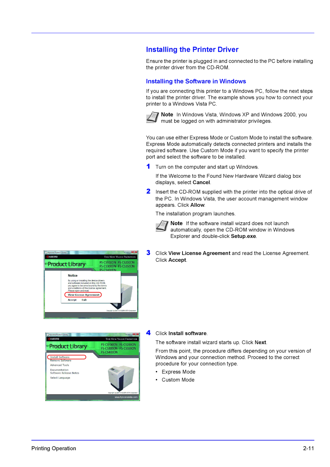 Kyocera FS-C5100DN, FS-C5300DN Installing the Printer Driver, Installing the Software in Windows, Click Install software 