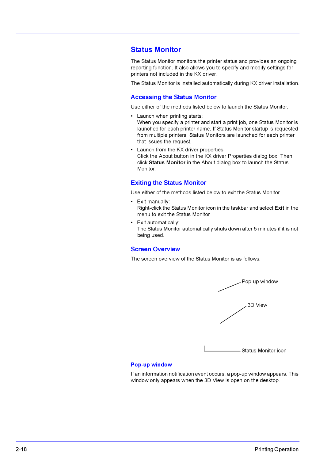 Kyocera FS-C5300DN manual Accessing the Status Monitor, Exiting the Status Monitor, Screen Overview, Pop-up window 