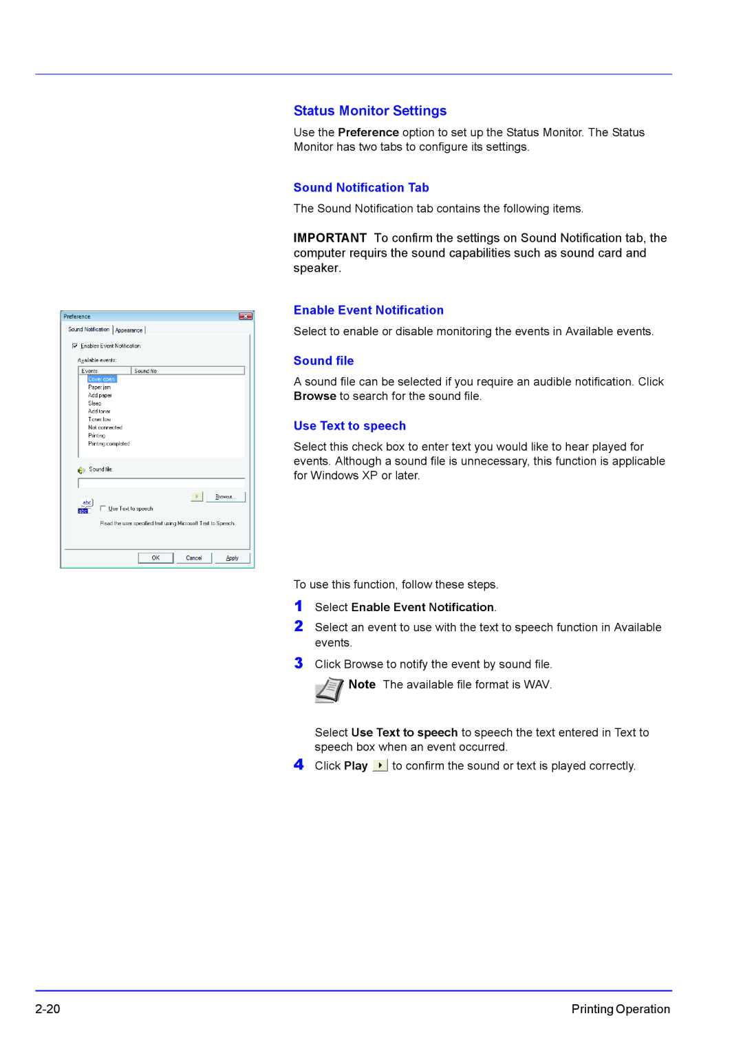 Kyocera FS-C5100DN, FS-C5300DN manual Status Monitor Settings, Sound Notification Tab, Enable Event Notification, Sound file 