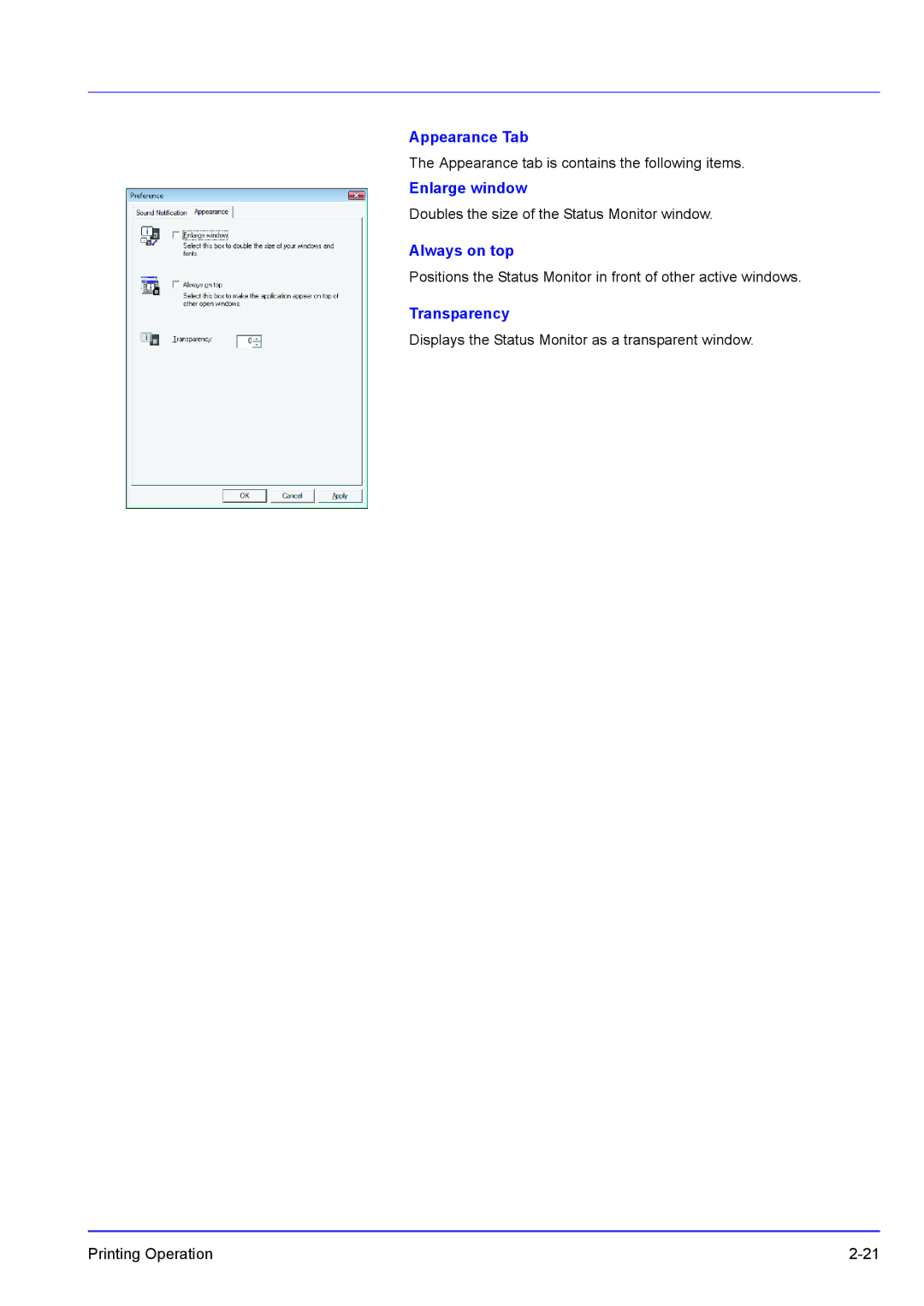 Kyocera FS-C5300DN, FS-C5200DN, FS-C5100DN manual Appearance Tab, Enlarge window, Always on top, Transparency 