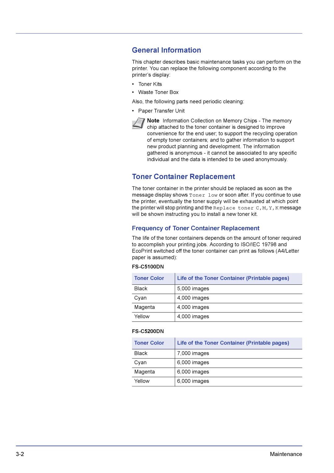 Kyocera FS-C5300DN, FS-C5200DN, FS-C5100DN manual General Information, Frequency of Toner Container Replacement 