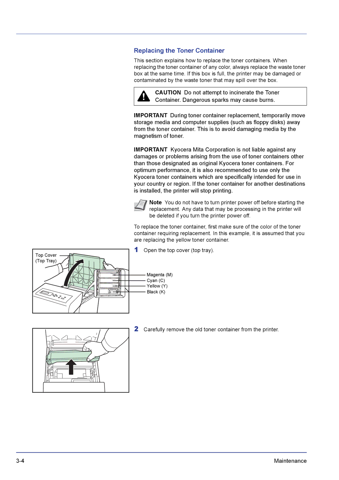 Kyocera FS-C5100DN, FS-C5300DN, FS-C5200DN manual Replacing the Toner Container 