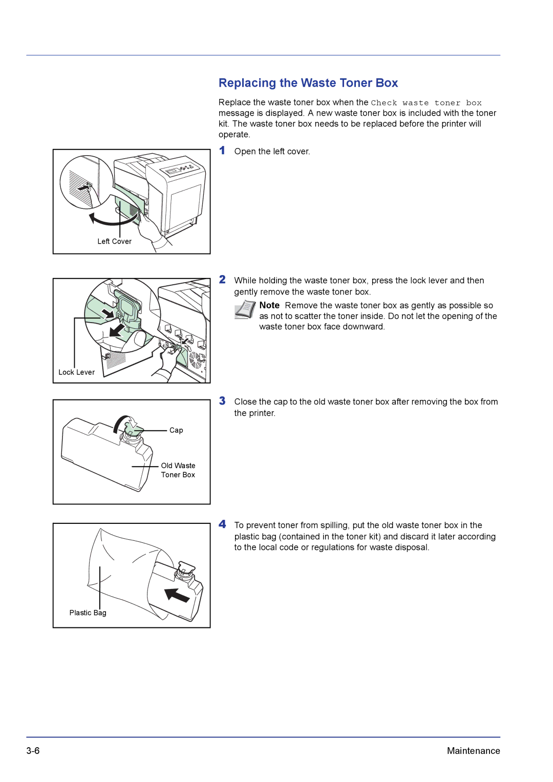 Kyocera FS-C5200DN, FS-C5300DN, FS-C5100DN manual Replacing the Waste Toner Box 