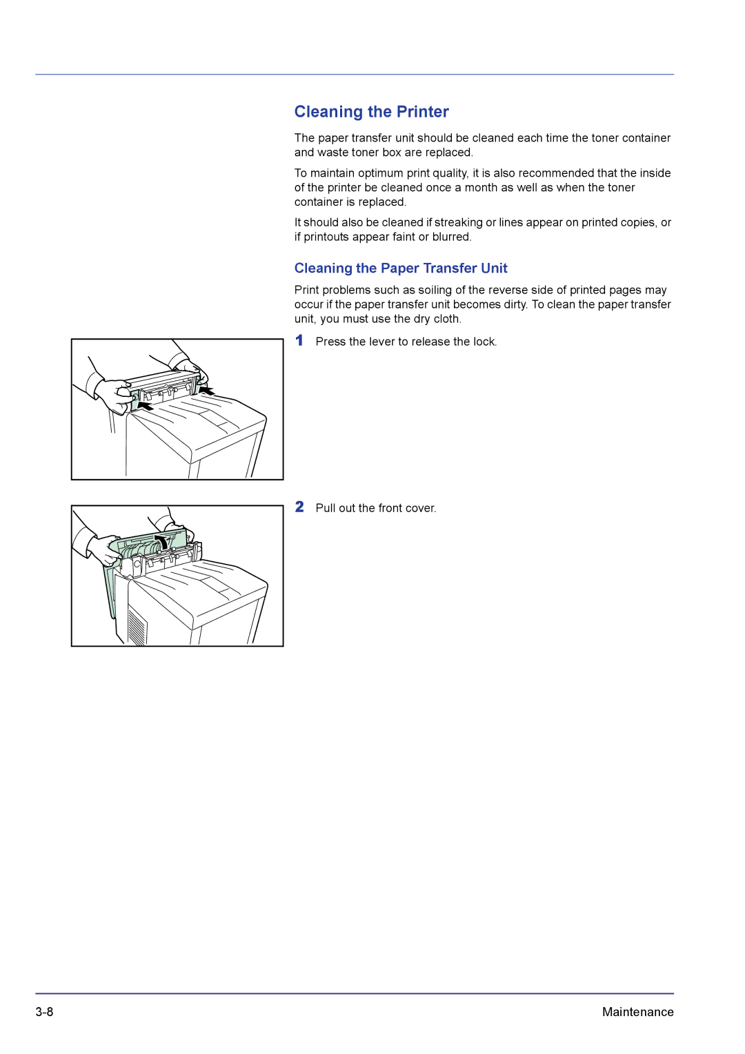 Kyocera FS-C5300DN, FS-C5200DN, FS-C5100DN manual Cleaning the Printer, Cleaning the Paper Transfer Unit 