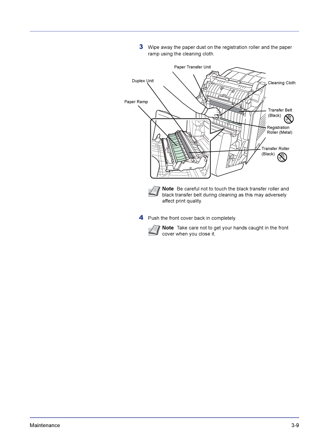 Kyocera FS-C5200DN, FS-C5300DN, FS-C5100DN manual Push the front cover back in completely Maintenance 