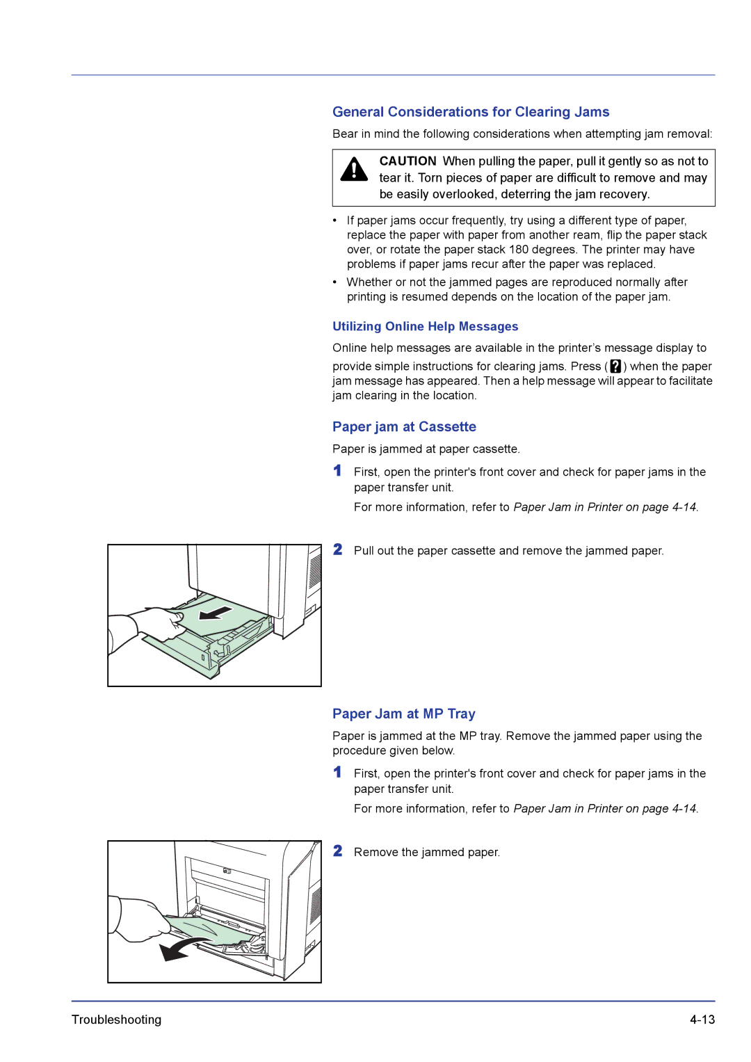 Kyocera FS-C5300DN, FS-C5200DN manual General Considerations for Clearing Jams, Paper jam at Cassette, Paper Jam at MP Tray 