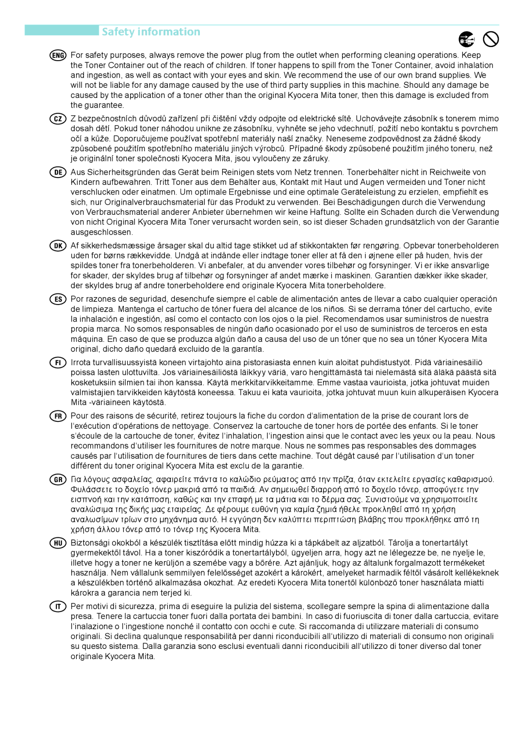 Kyocera FS-C5350DN manual Safety information 