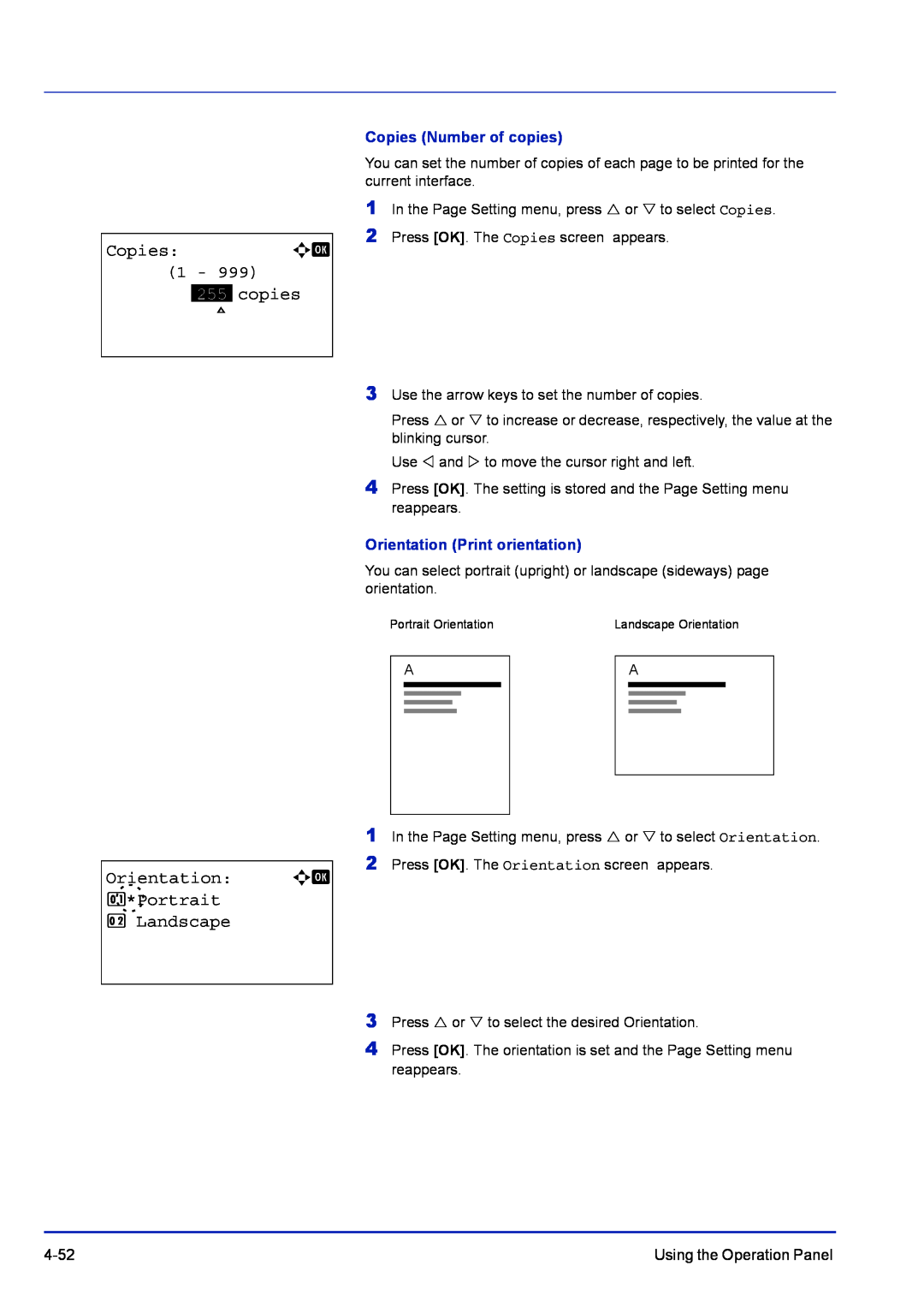 Kyocera FS-1100 manual Orientation: a b 1*Portrait 2Landscape, Copies Number of copies, Orientation Print orientation 