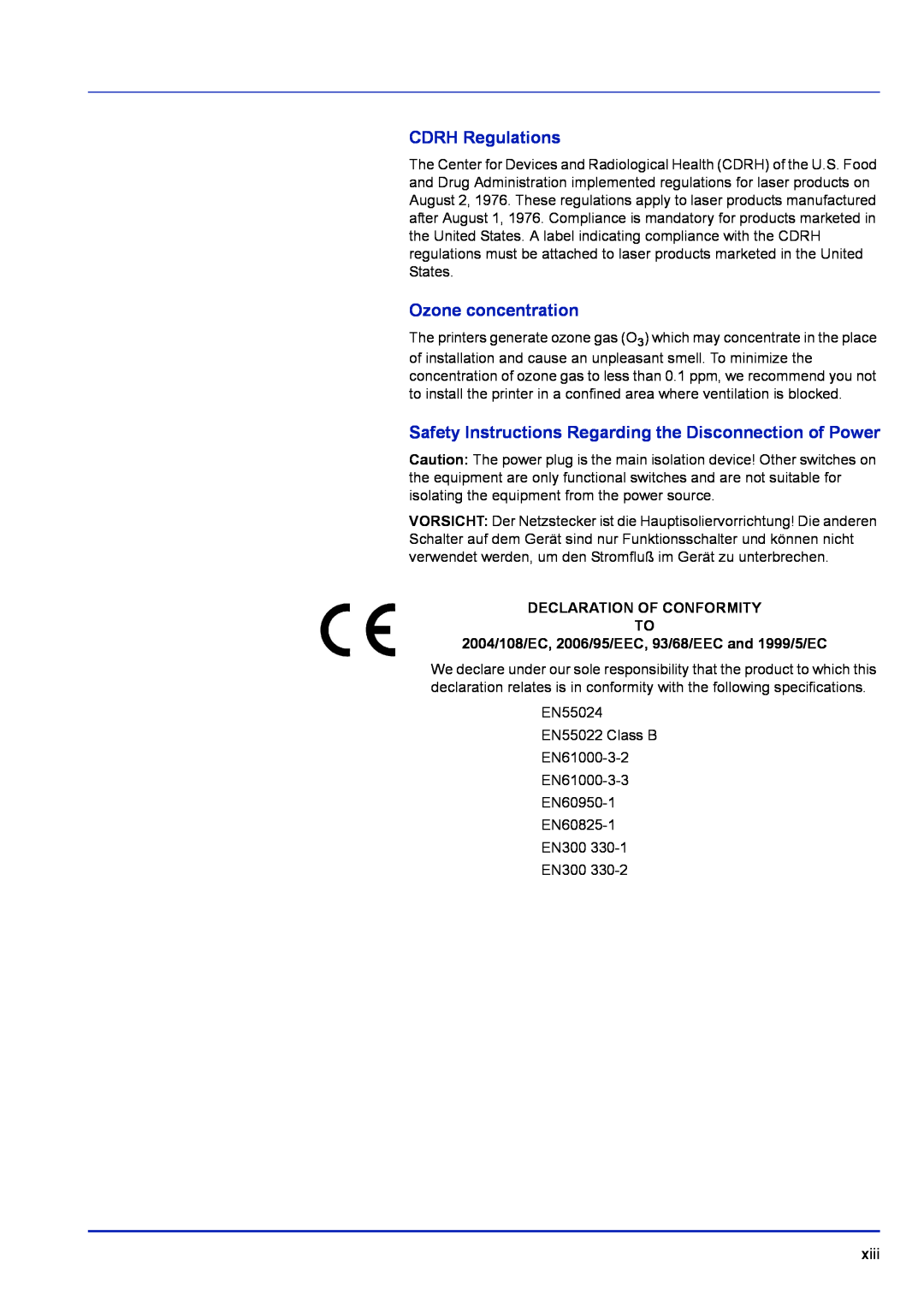 Kyocera FS-1300D, FS-C5400DN, FS-1100 manual CDRH Regulations, Ozone concentration, Declaration Of Conformity To 