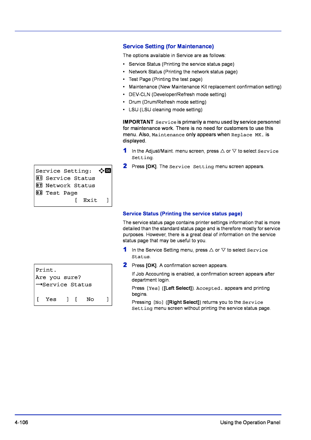 Kyocera FS-1100, FS-C5400DN, FS-1300D manual Service Setting: a b 1Service Status, 2Network Status 3Test Page Exit Print 