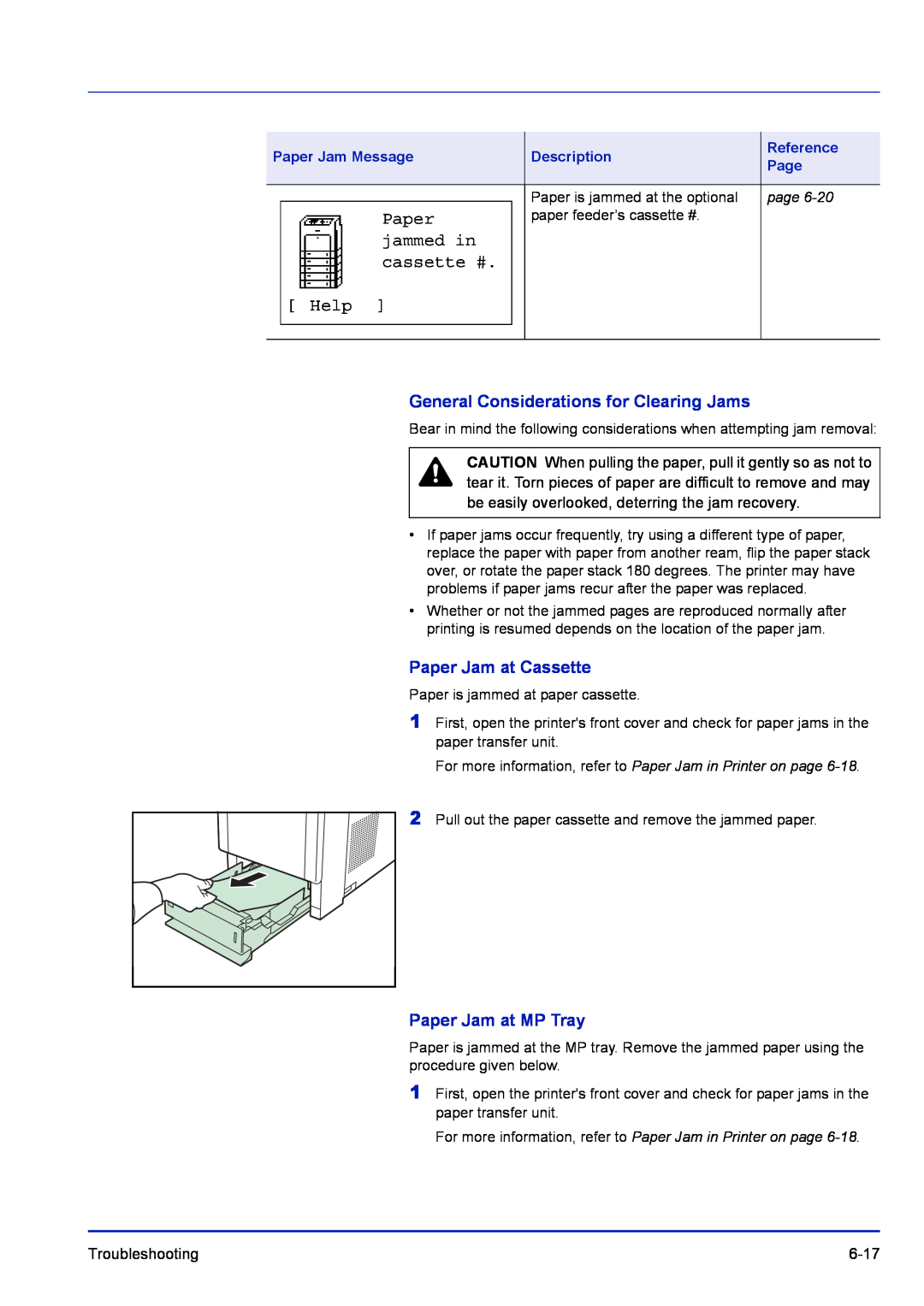 Kyocera FS-C5400DN, FS-1300D manual jammed in, cassette #, Help, Paper Jam Message, Description, Reference, Page, page 
