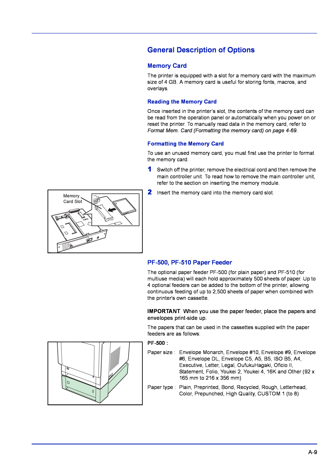 Kyocera FS-C5400DN, FS-1300D manual General Description of Options, PF-500, PF-510Paper Feeder, Reading the Memory Card 