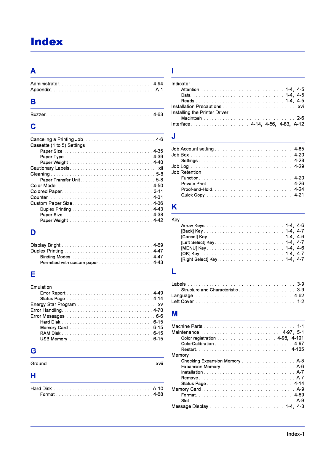 Kyocera FS-1300D, FS-C5400DN, FS-1100 manual Index 