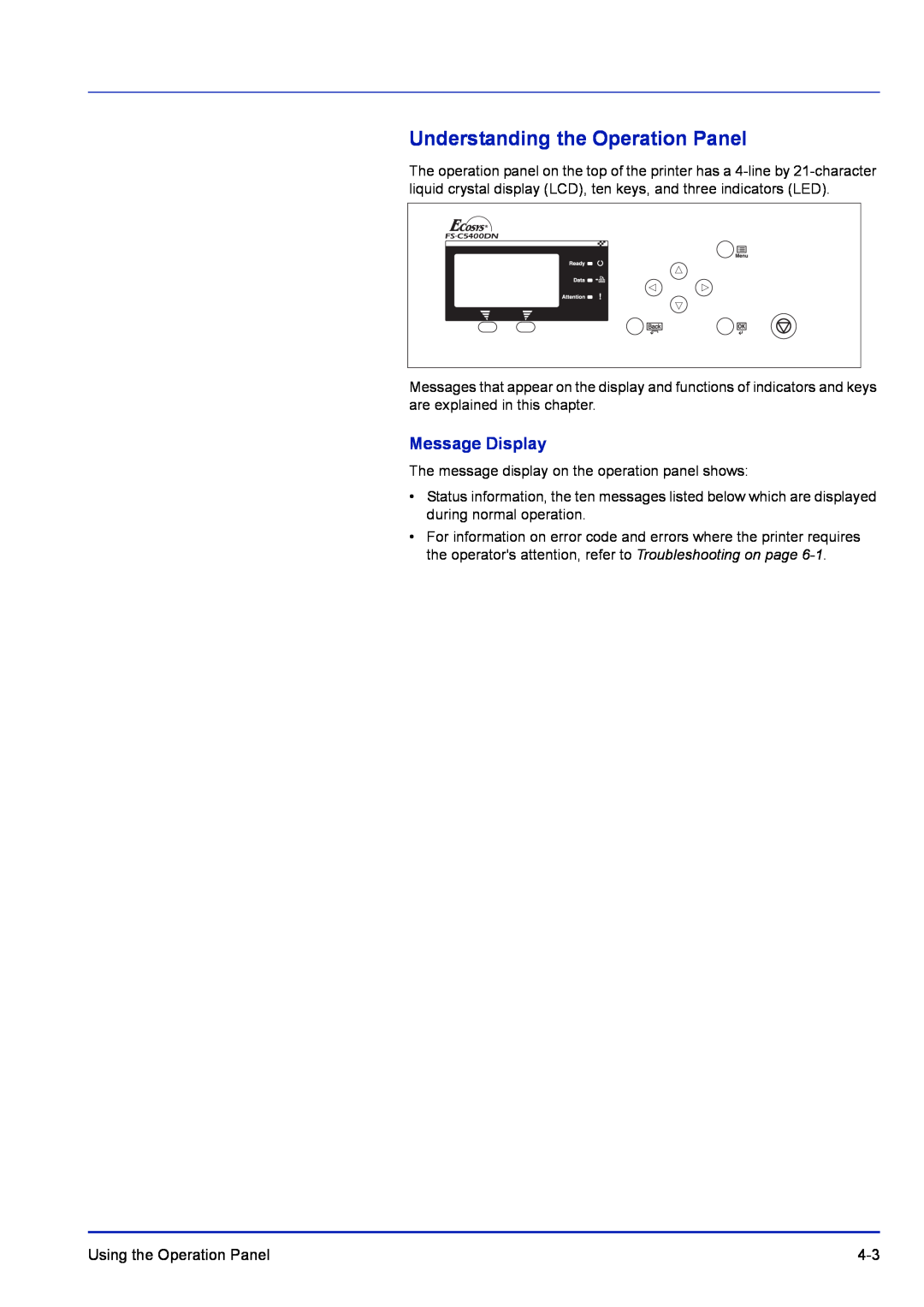 Kyocera FS-1300D, FS-C5400DN, FS-1100 manual Understanding the Operation Panel, Message Display 