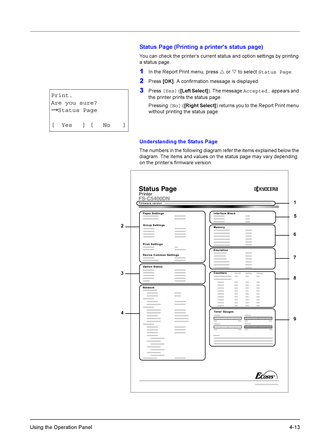 Kyocera FS-1100 manual Print Are you sure? z Status Page Yes No, Status Page Printing a printers status page, FS-C5400DN 