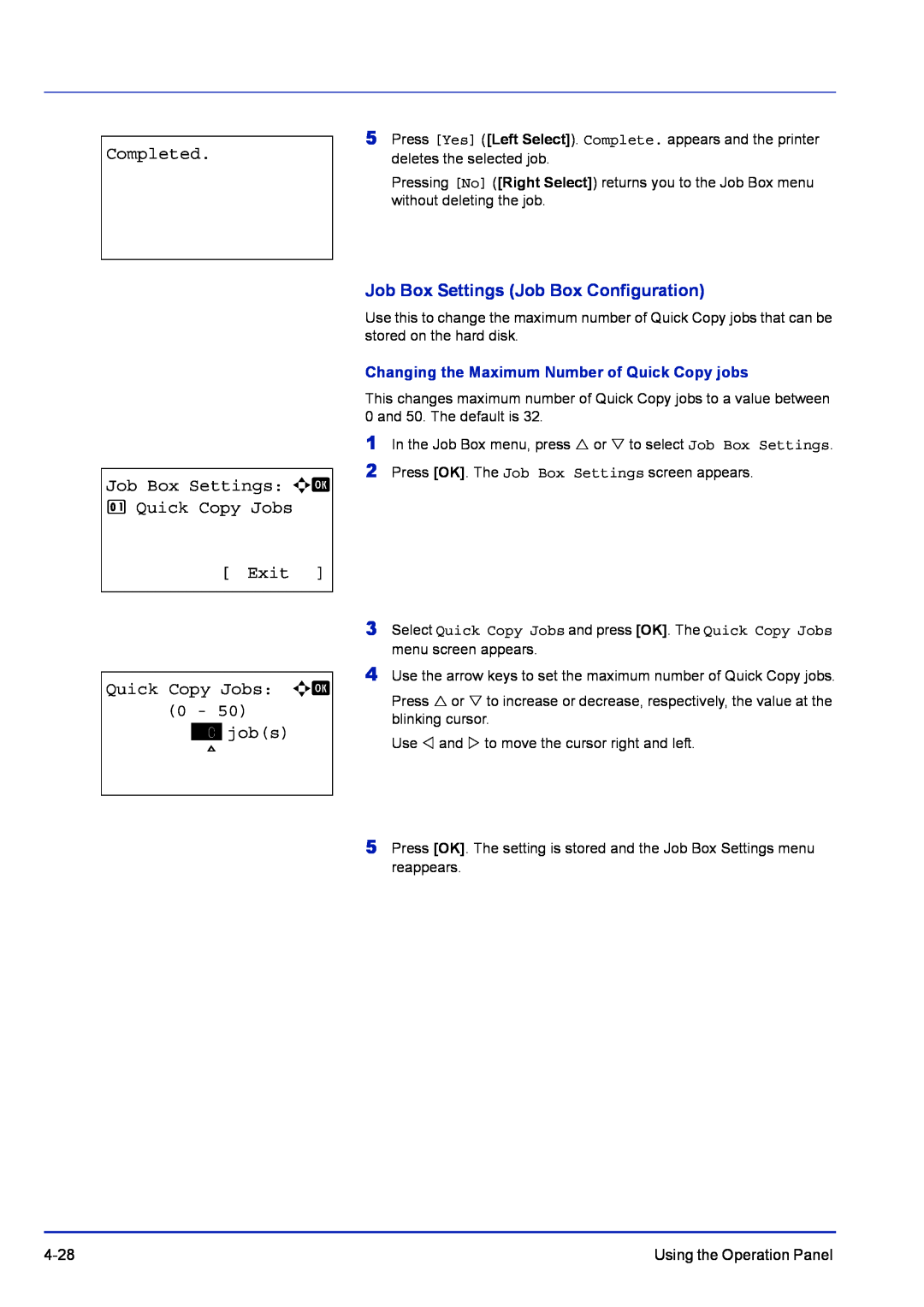 Kyocera FS-1100, FS-C5400DN, FS-1300D manual Completed Job Box Settings: a b 1Quick Copy Jobs, Quick Copy Jobs: a b, Exit 