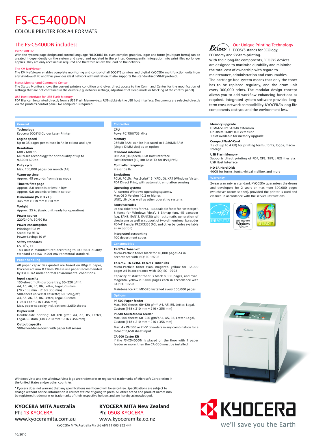 Kyocera colour printer for a4 formats, The FS-C5400DNincludes, KYOCERA MITA Australia, Ph: 13 KYOCERA, Ph 0508 KYOCERA 