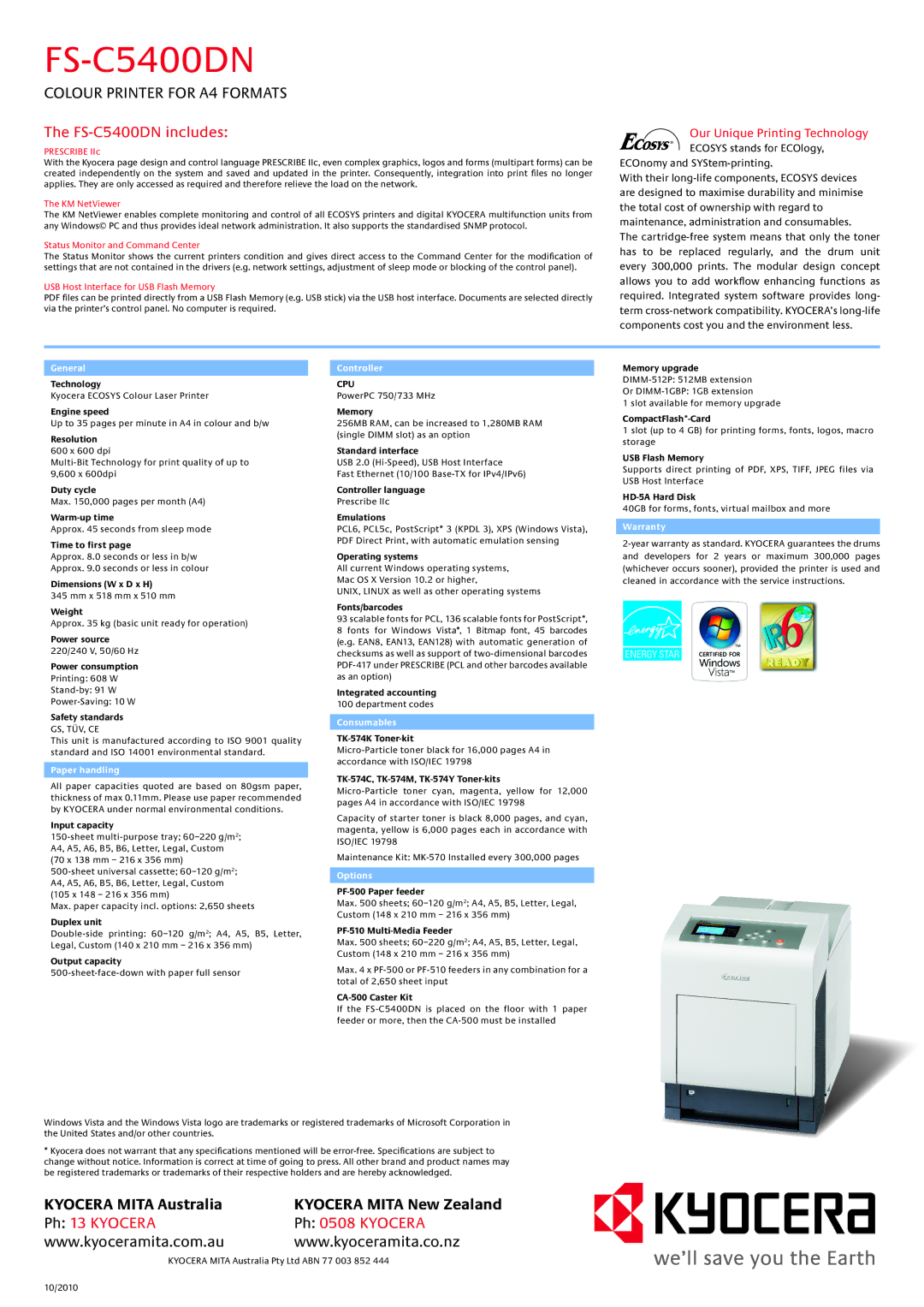 Kyocera FS-C5400DN manual General Controller, Warranty, Paper handling, Consumables, Options 